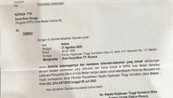 Dapat Panggilan Kejatisu, David : Untuk Dimintai Keterangan Dugaan Pemerasan Ketua Komisi 3 DPRD Medan